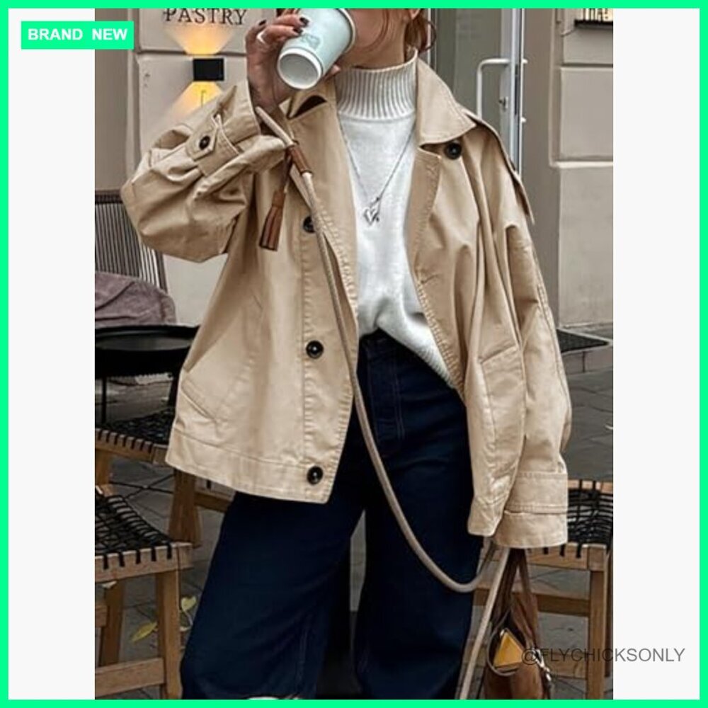 Oversized Trench Coat Single Breasted Lapel Polyester Casual Outerwear - Picture 2 of 7